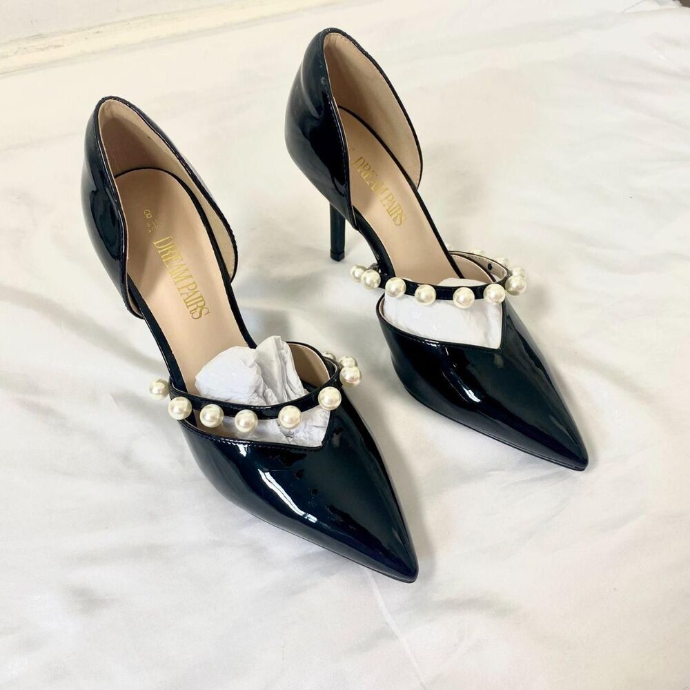 NEW DREAM PAIRS Black Faux Patent Pointed Toe Pearl High Heels Stiletto US 8 - Picture 5 of 7